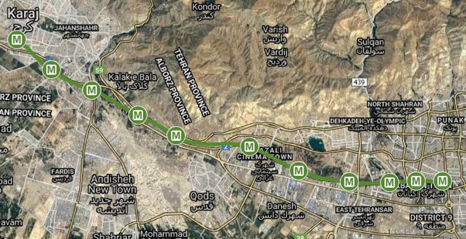 نقشه خط 5 مترو تهران - کرج